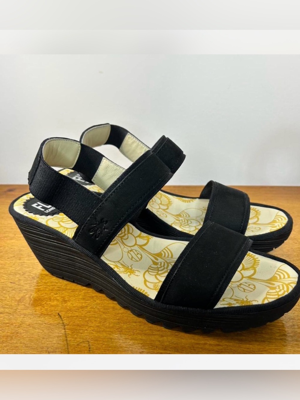 Fly London Black Yaco Platform Elastic Strap Wedge Sandals